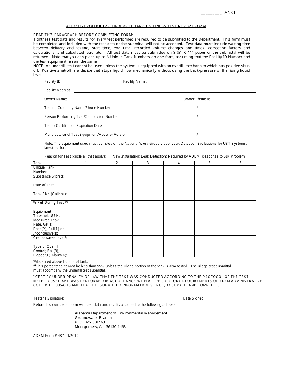 ADEM Form 487 ADEM Ust Volumetric Underfill Tank Tightness Test Report Form - Alabama, Page 1