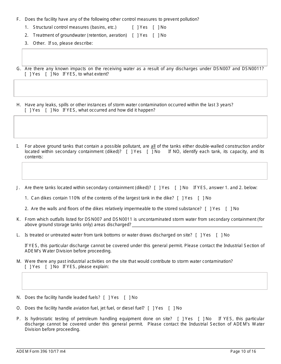 ADEM Form 396 Notice of Intent - Npdes General Permit Number Alg060000 - Alabama, Page 10
