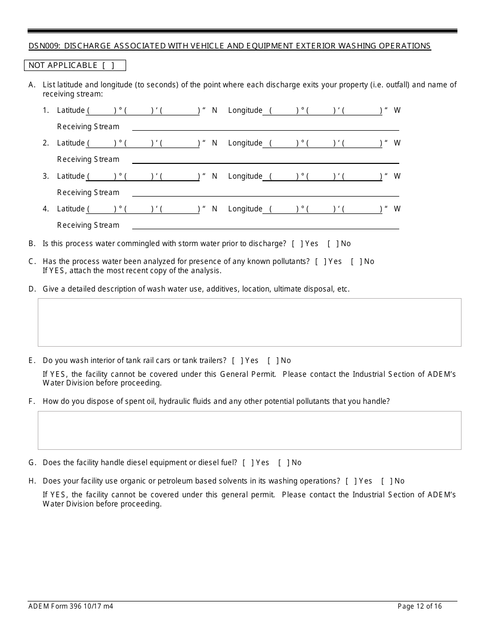 ADEM Form 396 Notice of Intent - Npdes General Permit Number Alg060000 - Alabama, Page 12