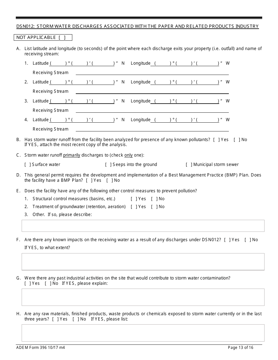 ADEM Form 396 Notice of Intent - Npdes General Permit Number Alg060000 - Alabama, Page 13