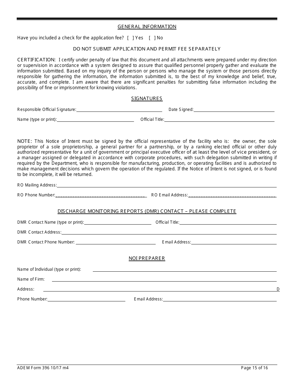 ADEM Form 396 Notice of Intent - Npdes General Permit Number Alg060000 - Alabama, Page 15