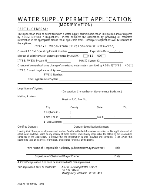 Form 489 Water Supply Permit Application (Modification) - Alabama