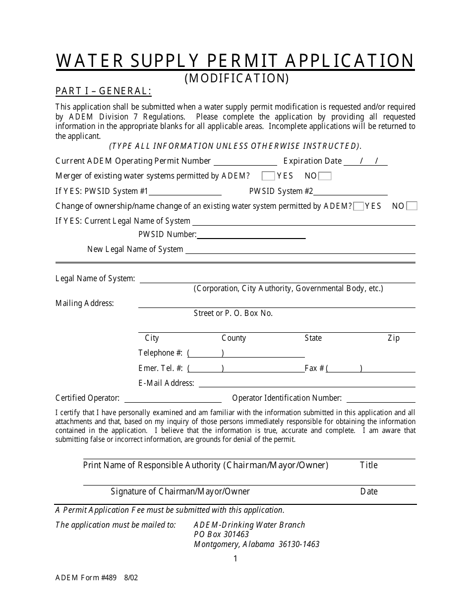 Form 489 Water Supply Permit Application (Modification) - Alabama, Page 1