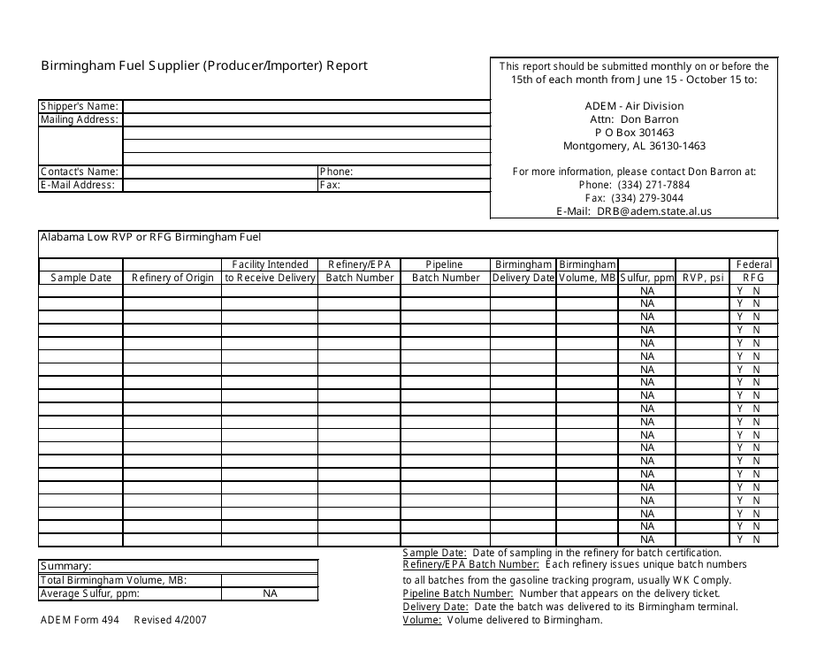 ADEM Form 494 Birmingham Fuel Supplier (Producer / Importer) Report - Alabama, Page 1