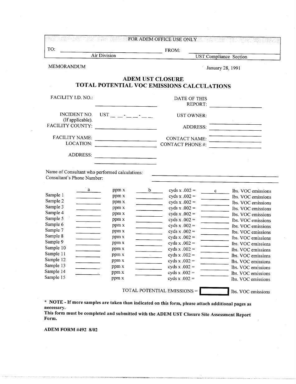 ADEM Form 492 ADEM Ust Closure Total Potential VOC Emissions Calculations - Alabama, Page 1