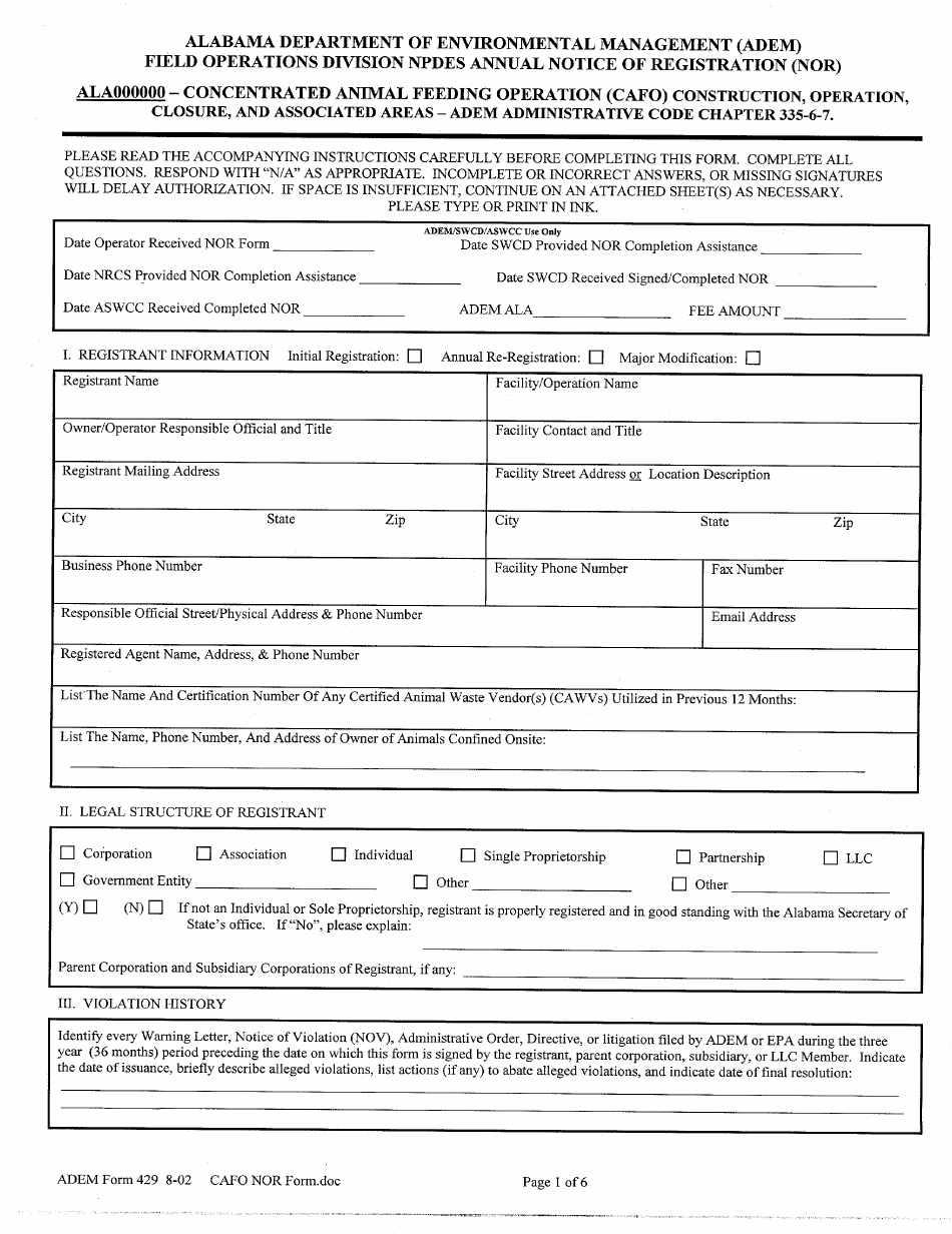 ADEM Form 429 Npdes Annual Notice of Registration (Nor) - Alabama, Page 1