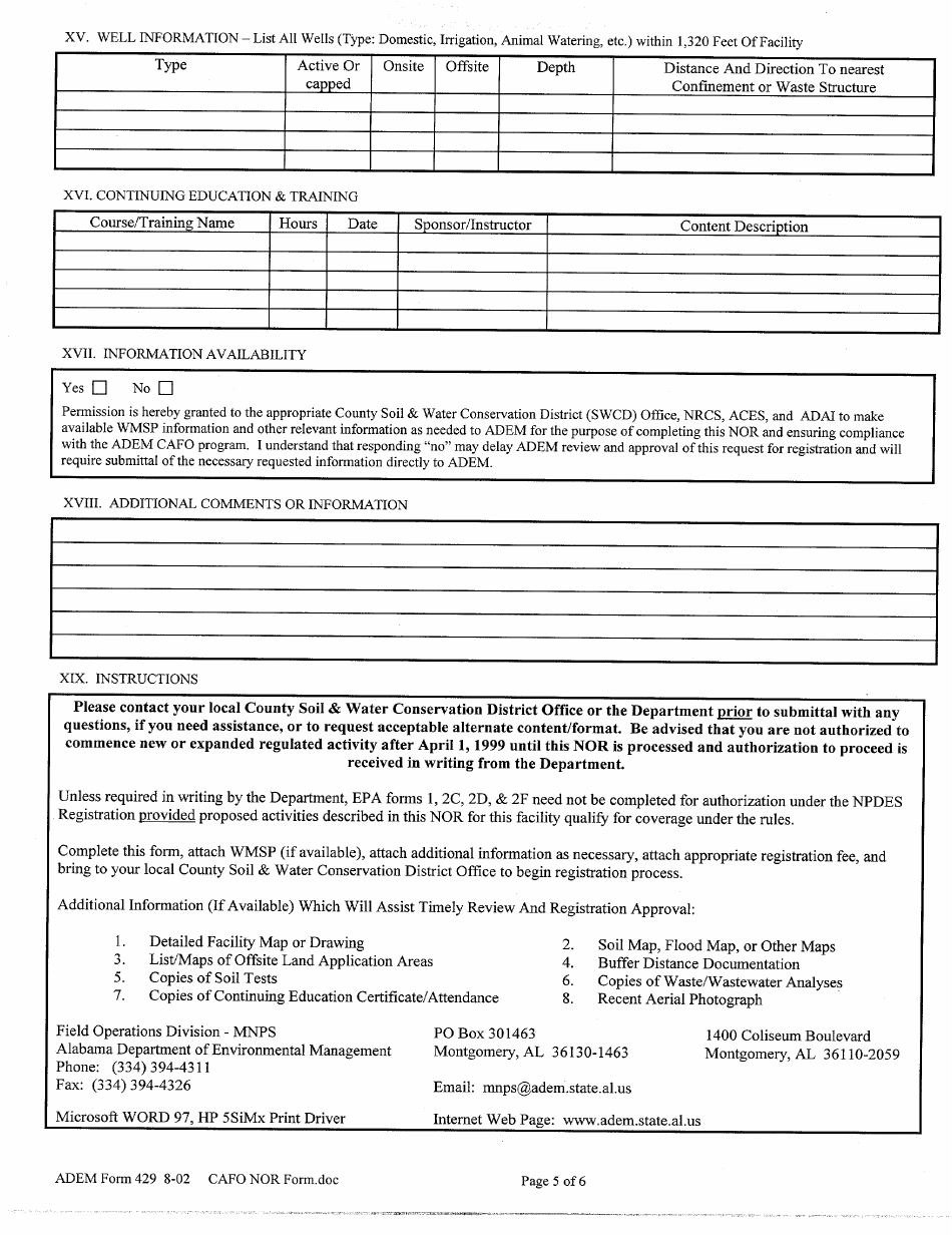 ADEM Form 429 Npdes Annual Notice of Registration (Nor) - Alabama, Page 5