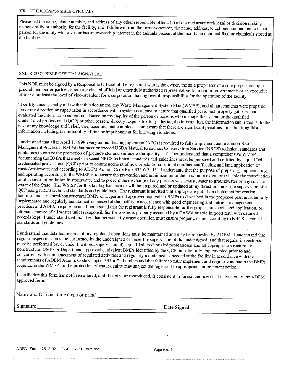 ADEM Form 429 Npdes Annual Notice of Registration (Nor) - Alabama, Page 6
