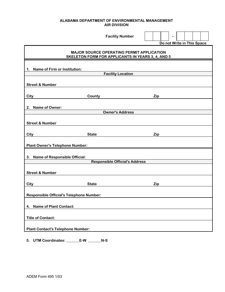 ADEM Form 495 Major Source Operating Permit Skeleton Form for Applicants in Years 3, 4, and 5 - Alabama, Page 1