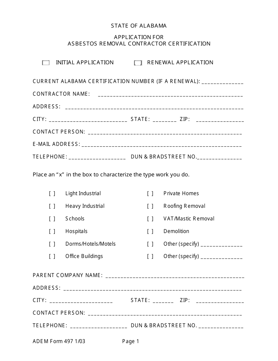 ADEM Form 497 Application for Asbestos Removal Contractor Certification - Alabama, Page 1