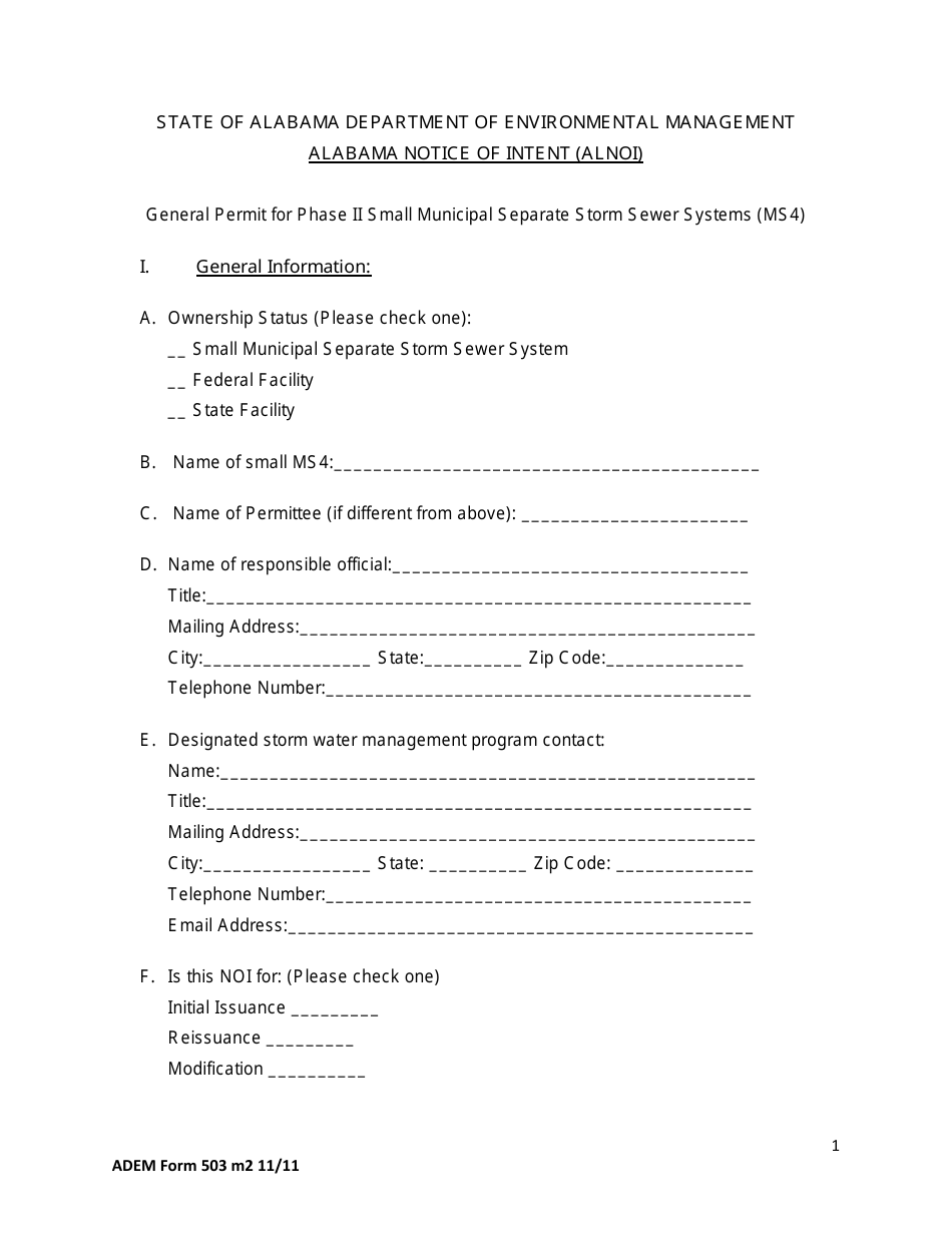 ADEM Form 503 General Permit for Phase II Small Municipal Separate Storm Sewer Systems (Ms4) - Alabama, Page 1
