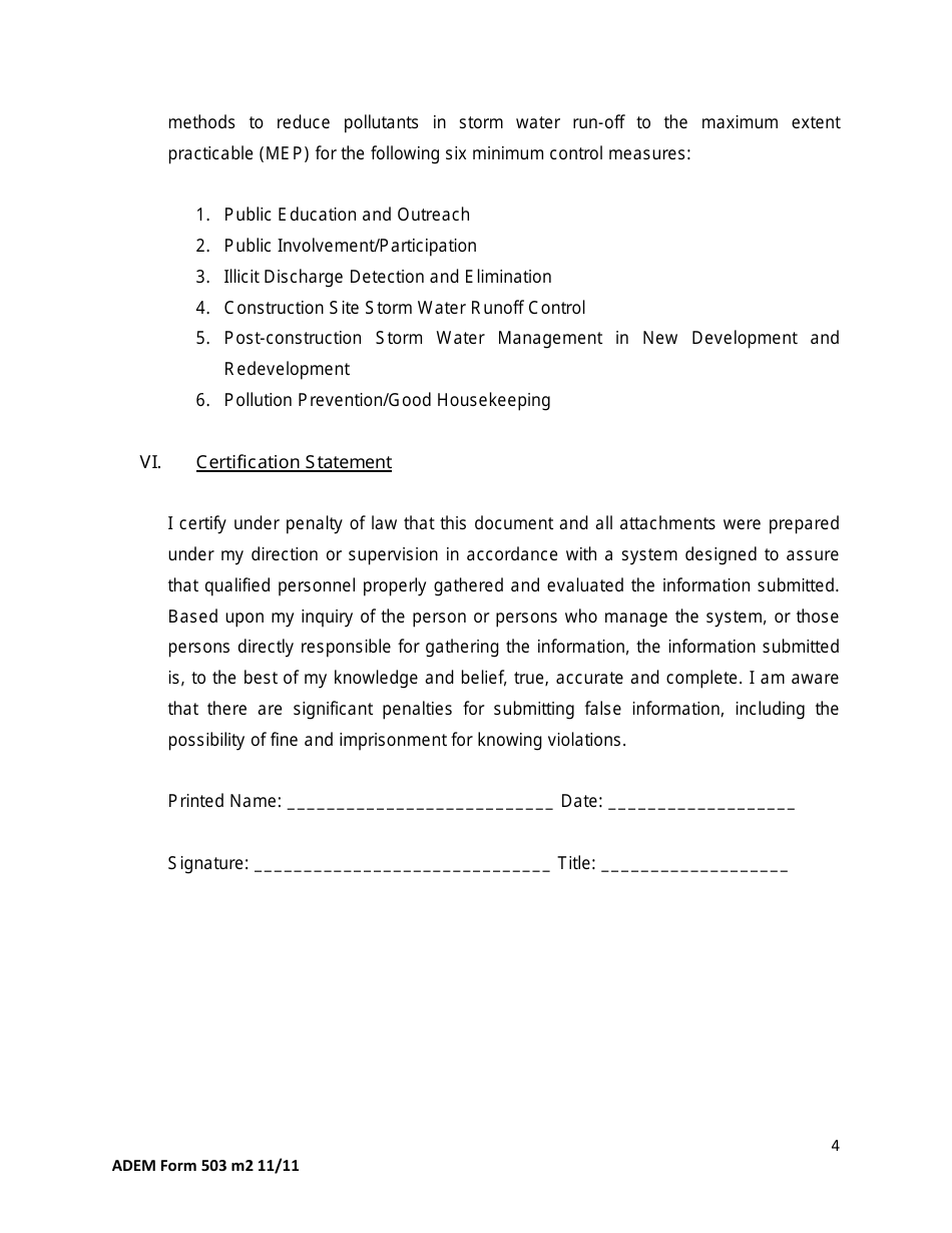 ADEM Form 503 General Permit for Phase II Small Municipal Separate Storm Sewer Systems (Ms4) - Alabama, Page 4