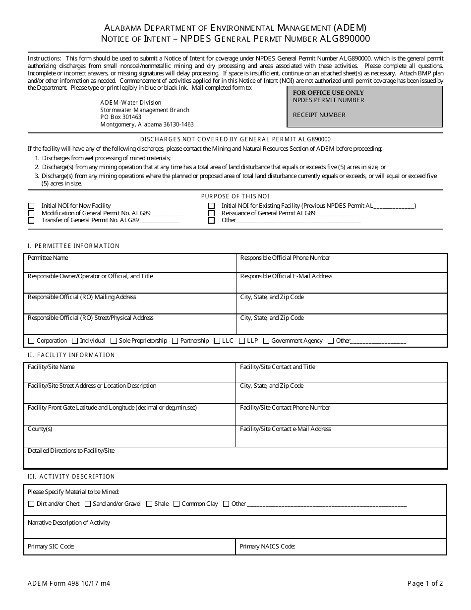 ADEM Form 498 Notice of Intent - Npdes General Permit Number Alg890000 - Alabama, Page 1
