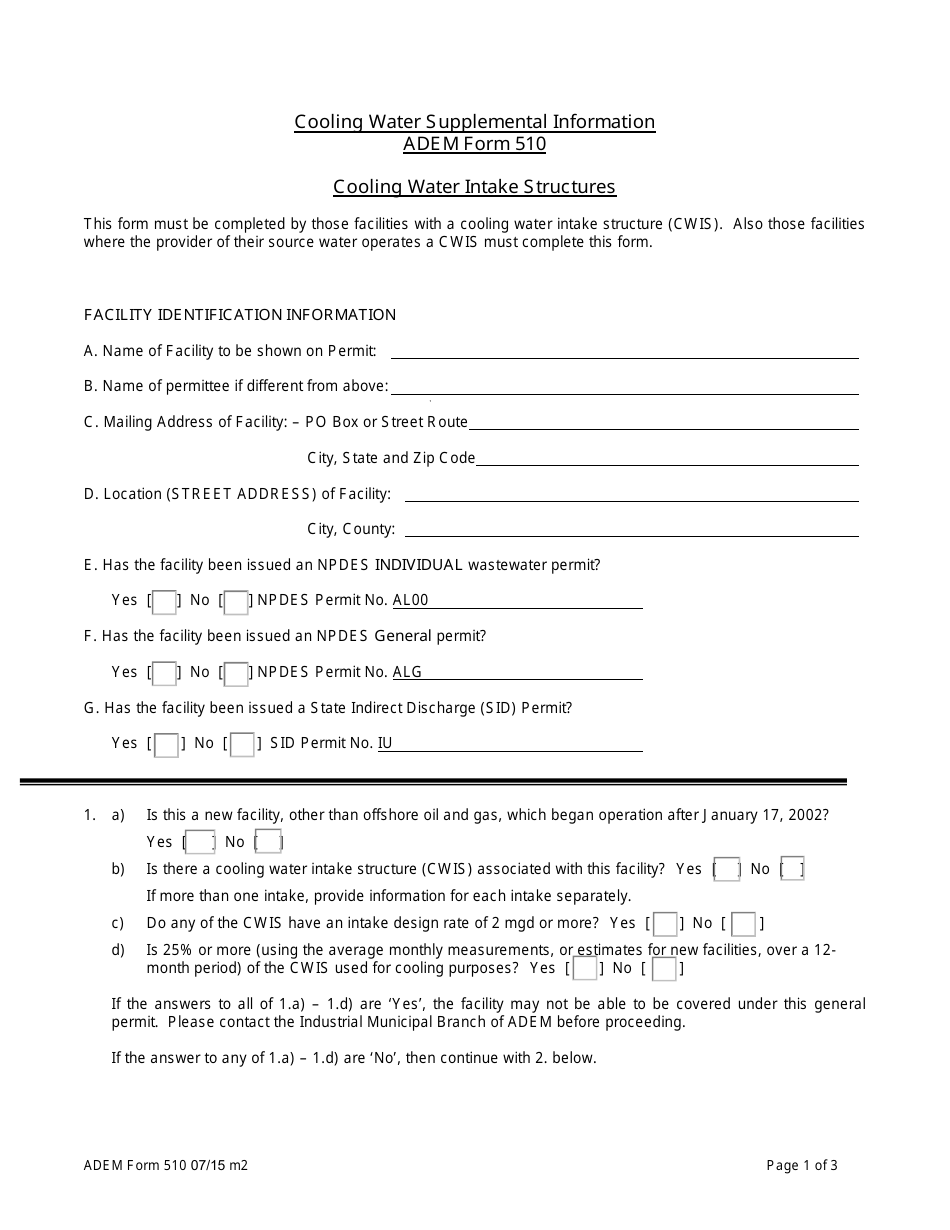 ADEM Form 510 Cooling Water Supplemental Information - Alabama, Page 1