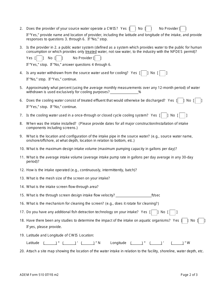 ADEM Form 510 Cooling Water Supplemental Information - Alabama, Page 2