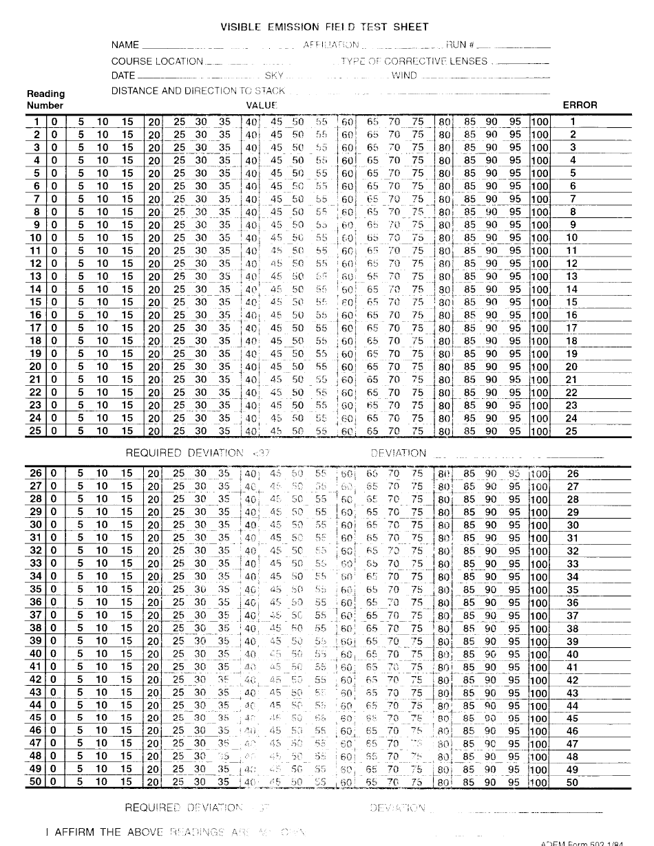 ADEM Form 502 Visible Emission Field Test Sheet - Alabama, Page 1