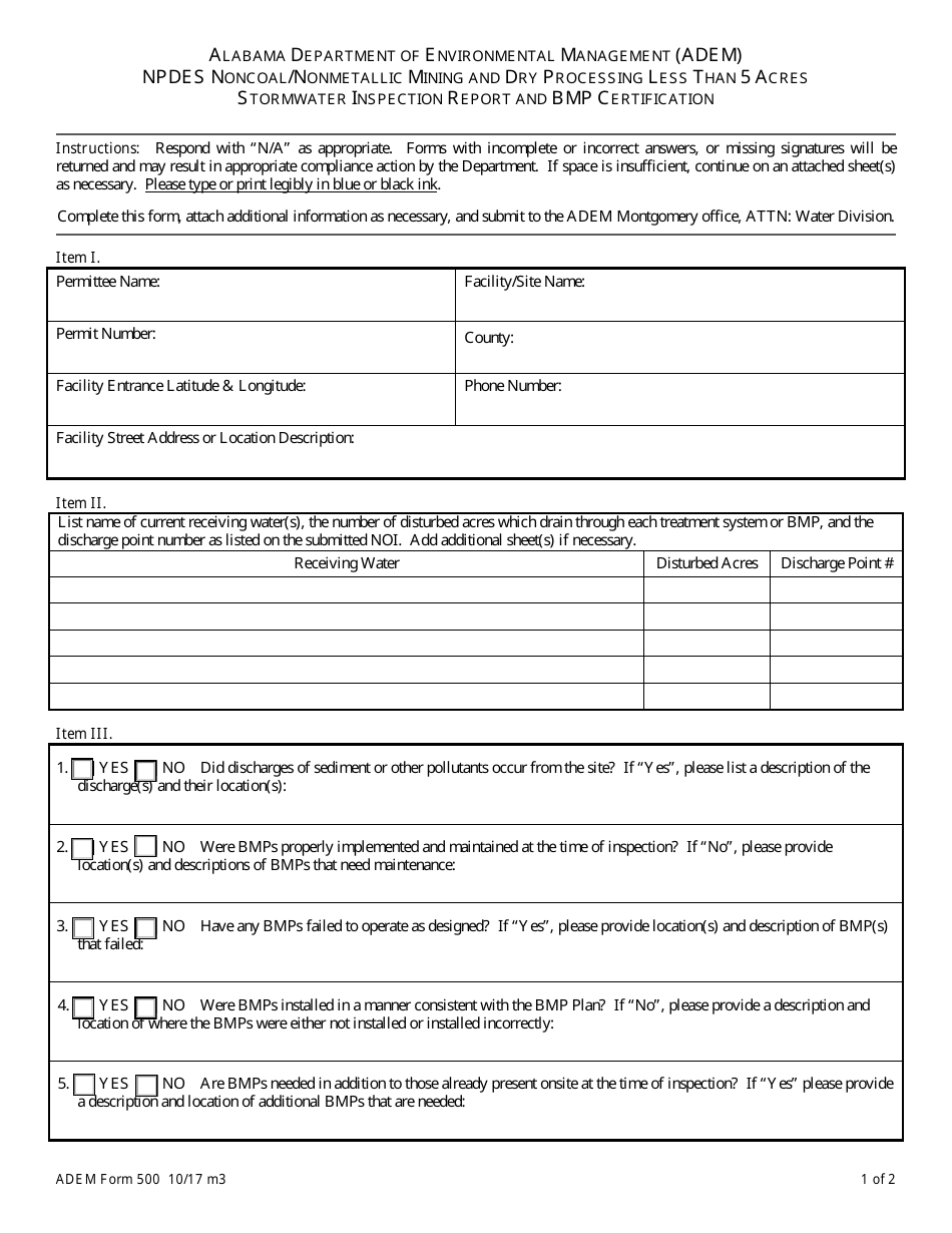 ADEM Form 500 Npdes Noncoal / Nonmetallic Mining and Dry Processing Less Than 5 Acres Stormwater Inspection Report and Bmp Certification - Alabama, Page 1