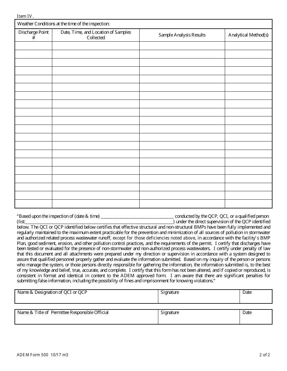 ADEM Form 500 Npdes Noncoal / Nonmetallic Mining and Dry Processing Less Than 5 Acres Stormwater Inspection Report and Bmp Certification - Alabama, Page 2