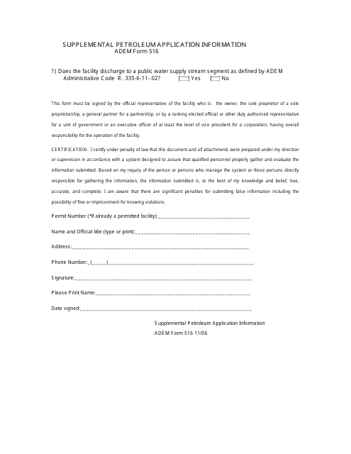 ADEM Form 516 Supplemental Petroleum Application Information - Alabama