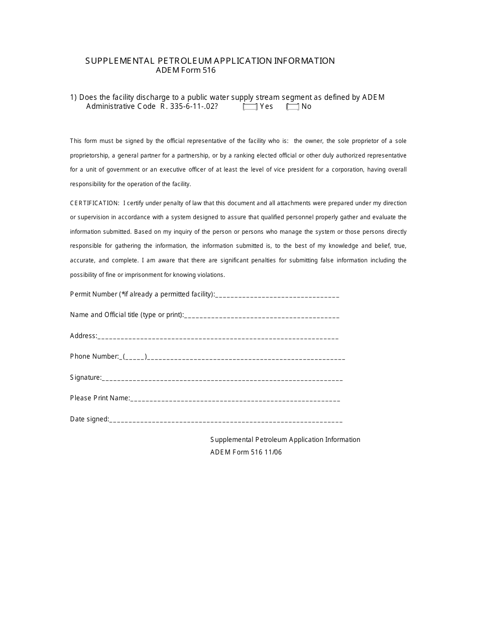 ADEM Form 516 Supplemental Petroleum Application Information - Alabama, Page 1