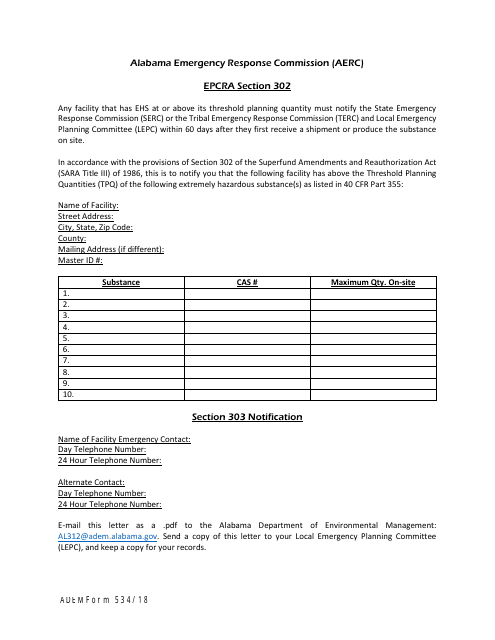 ADEM Form 534 Ehs Notification Form - Alabama