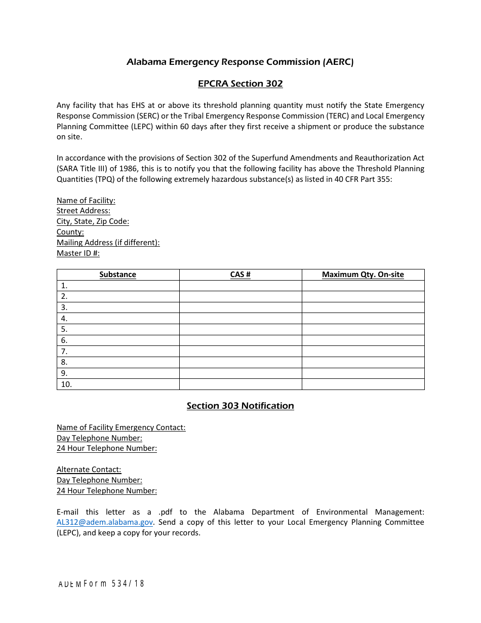 ADEM Form 534 Ehs Notification Form - Alabama, Page 1