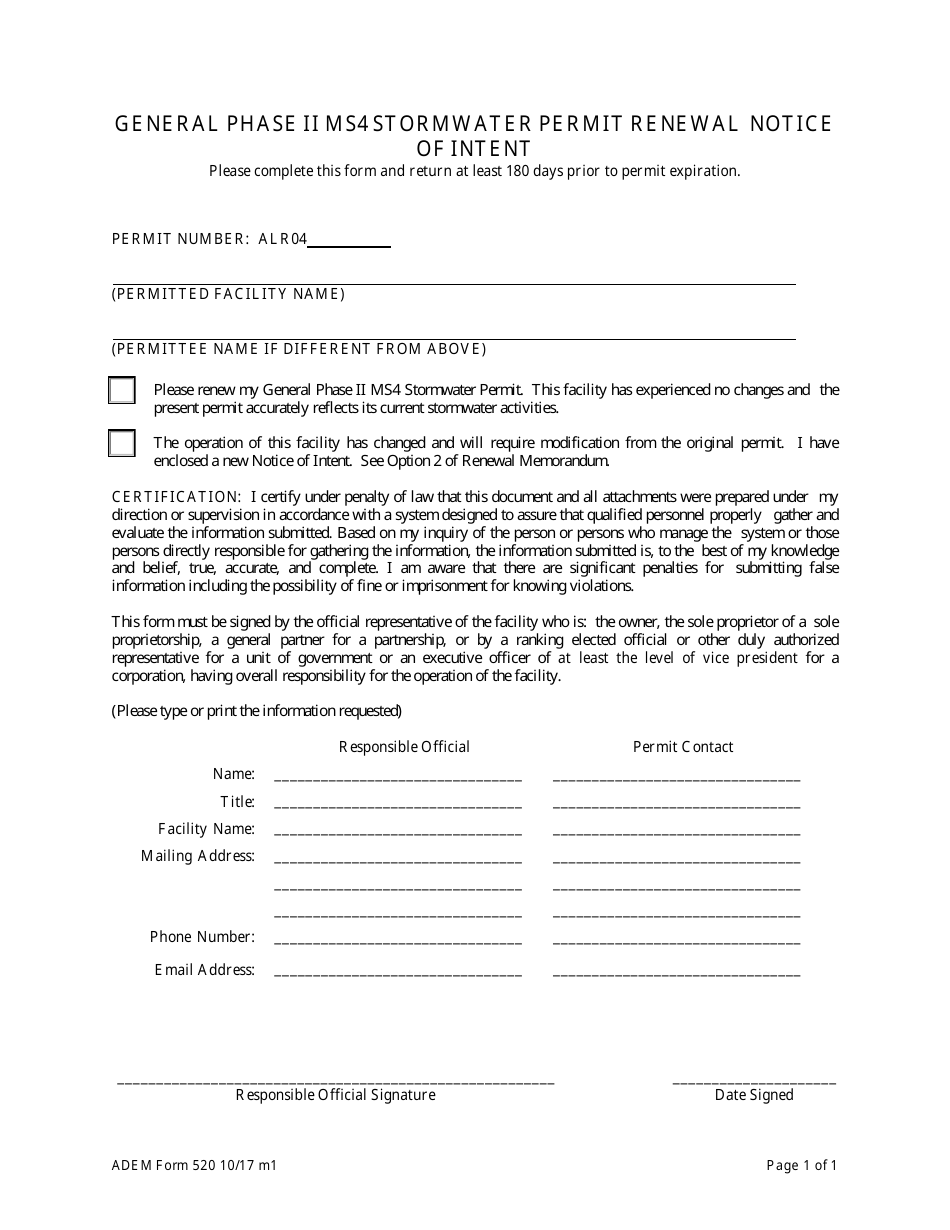 ADEM Form 520 General Phase II Ms4 Stormwater Permit Renewal Notice of Intent - Alabama, Page 1