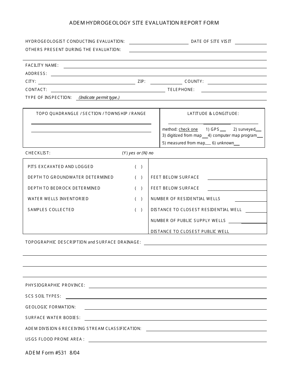 ADEM Form 531 ADEM Hydrogeology Site Evaluation Report Form - Alabama, Page 1