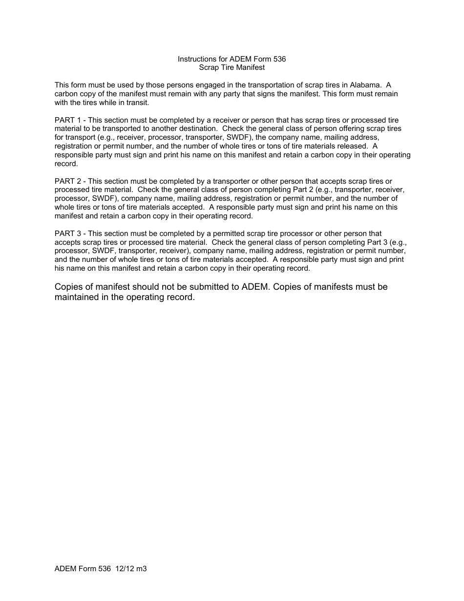 ADEM Form 536 Scrap Tire Manifest - Alabama, Page 2