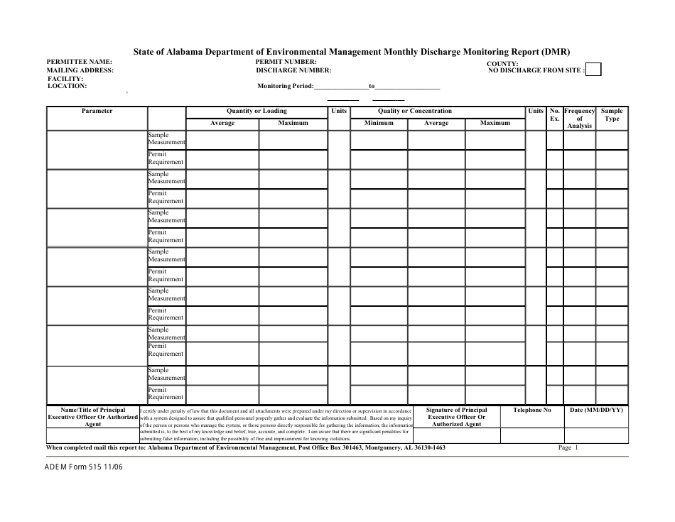 ADEM Form 515 Monthly Discharge Monitoring Report (Dmr) - Alabama, Page 1