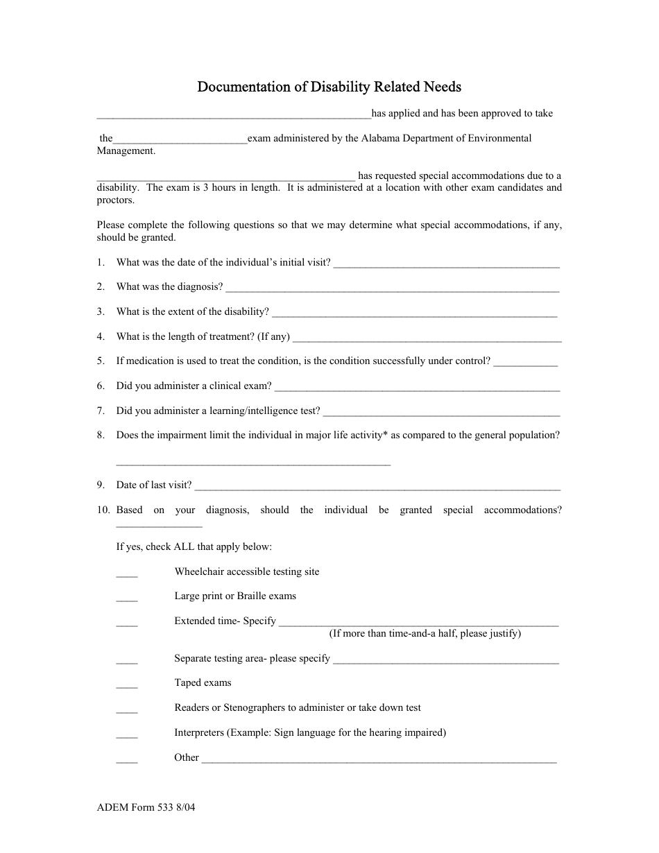 ADEM Form 533 Documentation of Disability Related Needs - Alabama, Page 1