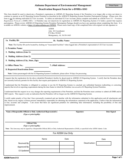 ADEM Form 513 Deactivation Request Form for E-Dmr/E-Sso - Alabama