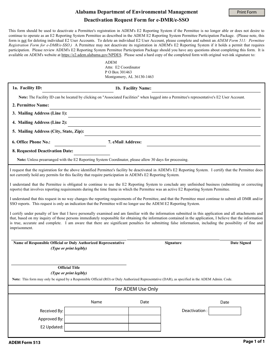 ADEM Form 513 Deactivation Request Form for E-Dmr / E-Sso - Alabama, Page 1