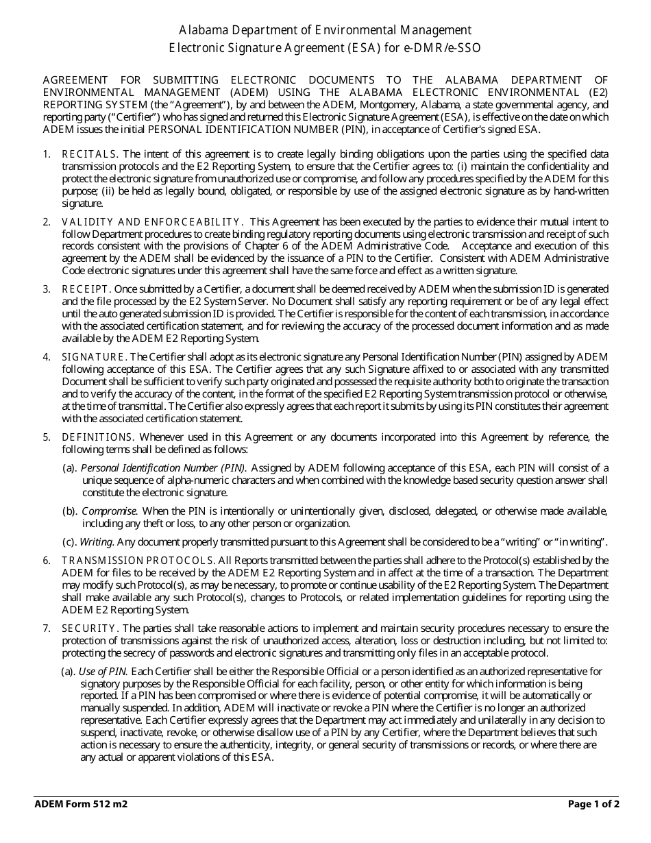 ADEM Form 512 Electronic Signature Agreement (Esa) for E-Dmr / E-Sso - Alabama, Page 1