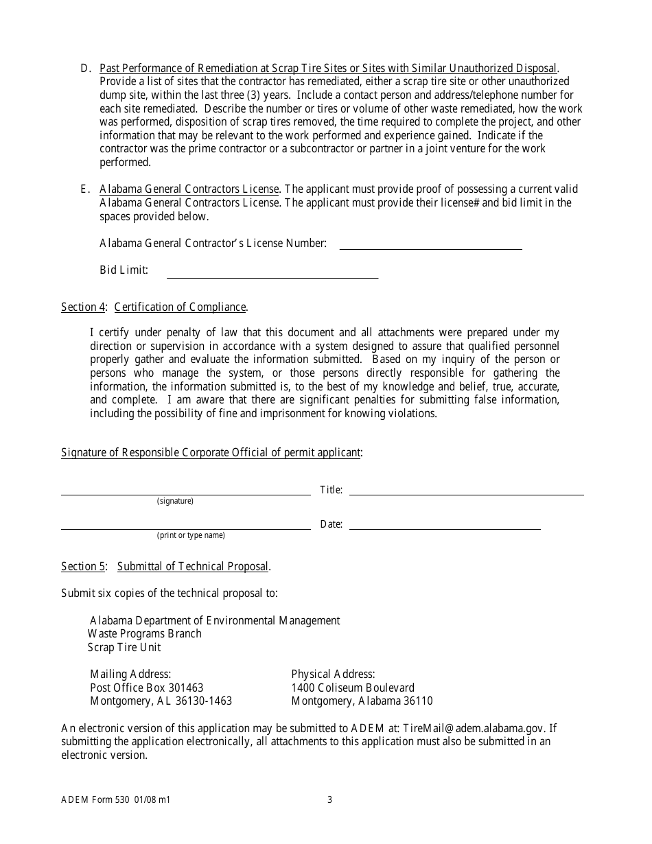 ADEM Form 530 Technical Proposal for Qualification as a Scrap Tire Fund Remediation Contractor - Alabama, Page 3