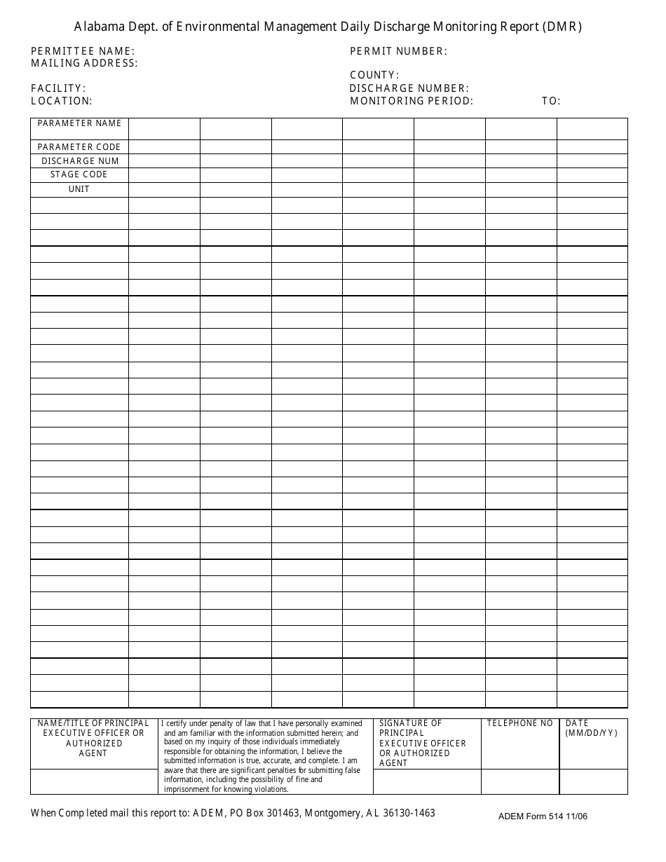 ADEM Form 514 Daily Discharge Monitoring Report (Dmr) - Alabama, Page 1