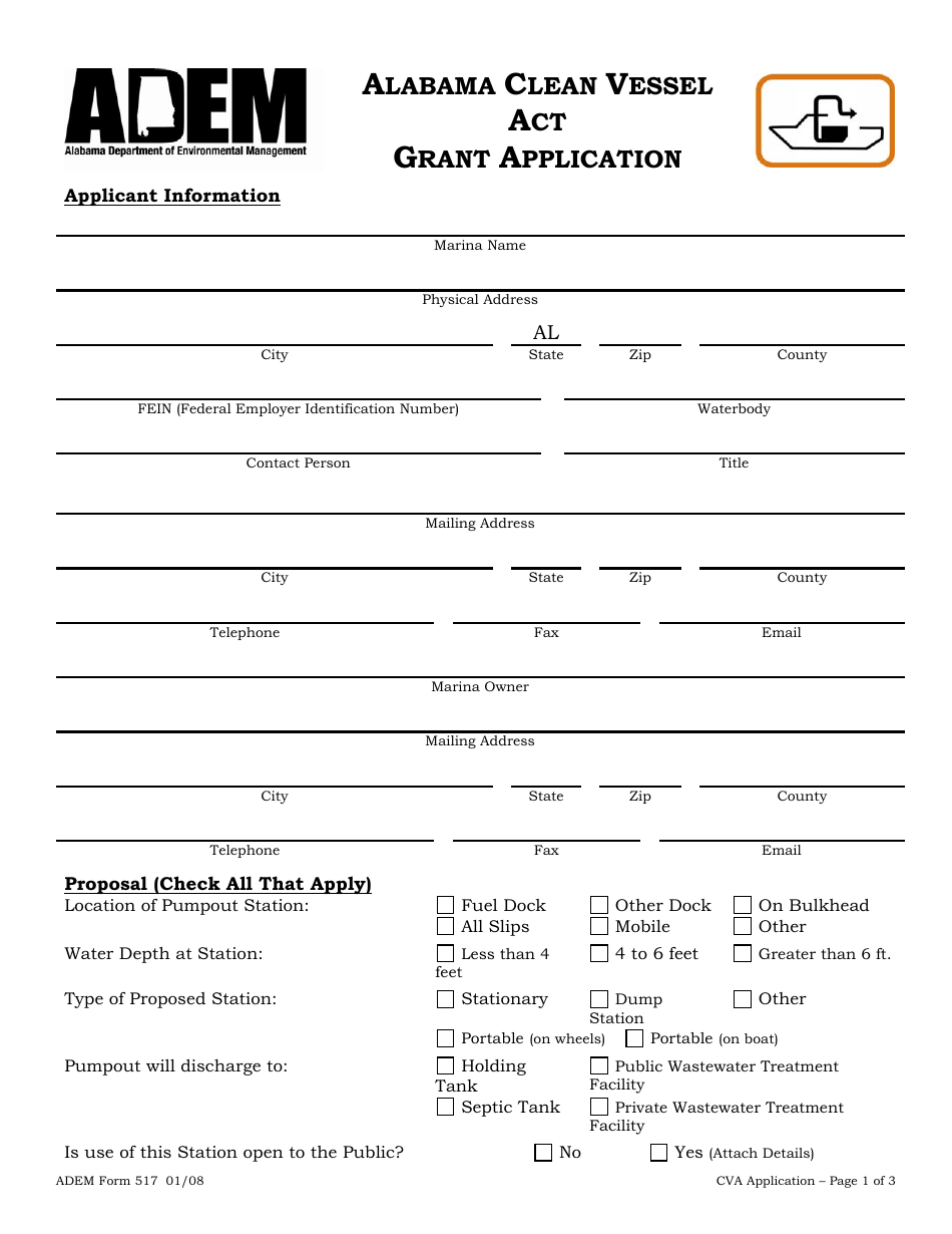 ADEM Form 517 Alabama Clean Vessel Act Grant Application - Alabama, Page 1
