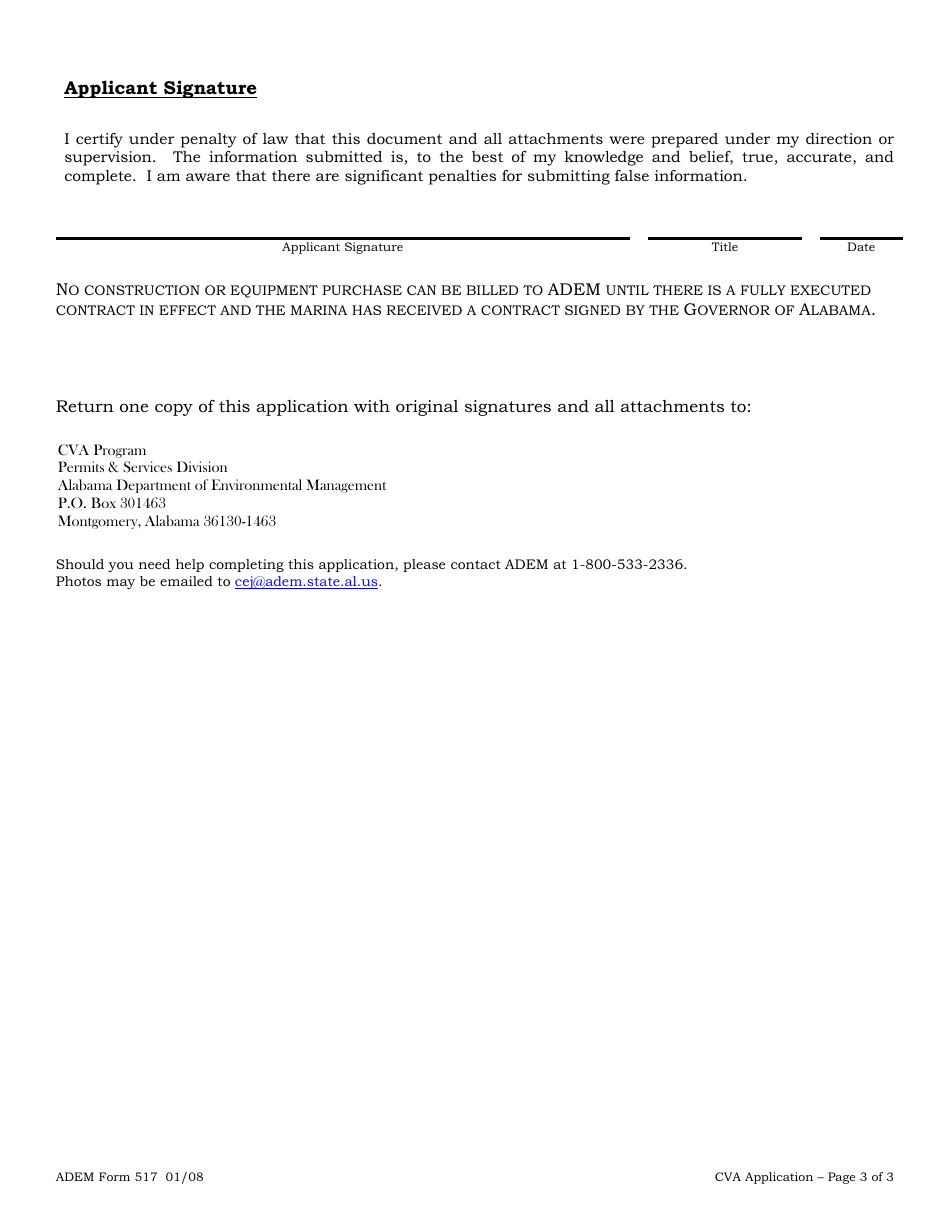 ADEM Form 517 Alabama Clean Vessel Act Grant Application - Alabama, Page 3