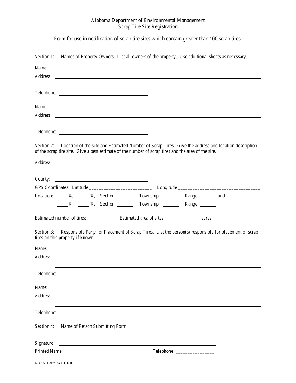 ADEM Form 541 Scrap Tire Site Registration - Alabama, Page 1