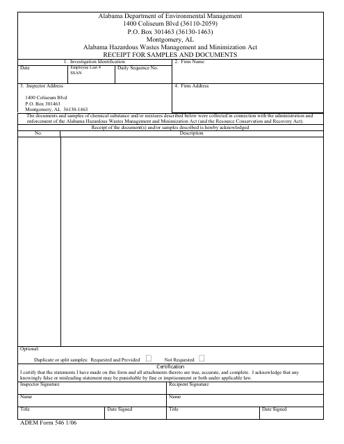 ADEM Form 546 Receipt for Samples and Documents - Alabama