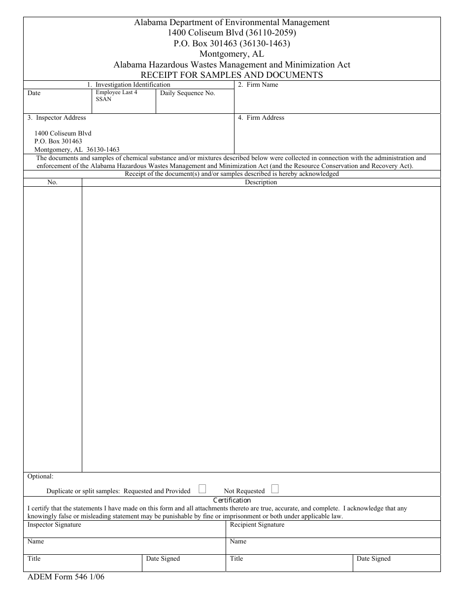 ADEM Form 546 Receipt for Samples and Documents - Alabama, Page 1