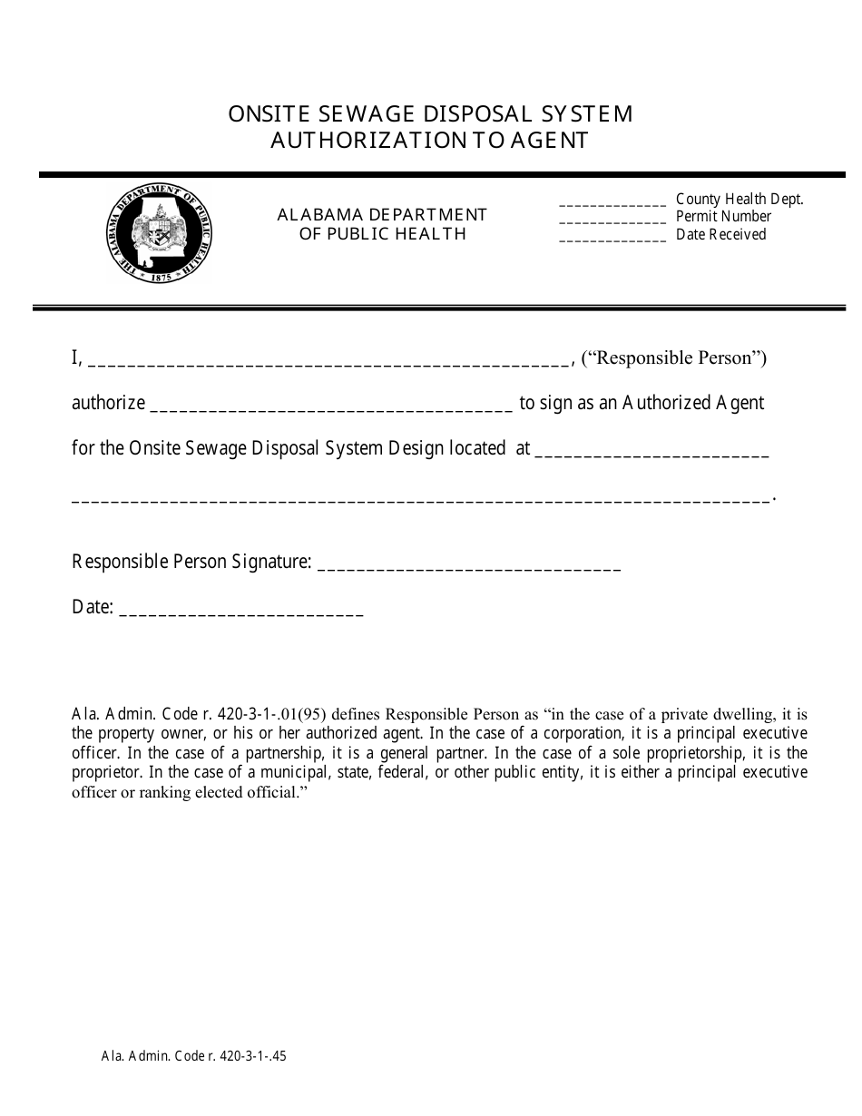 Authorization to Agent - Onsite Sewage Disposal System - Alabama, Page 1