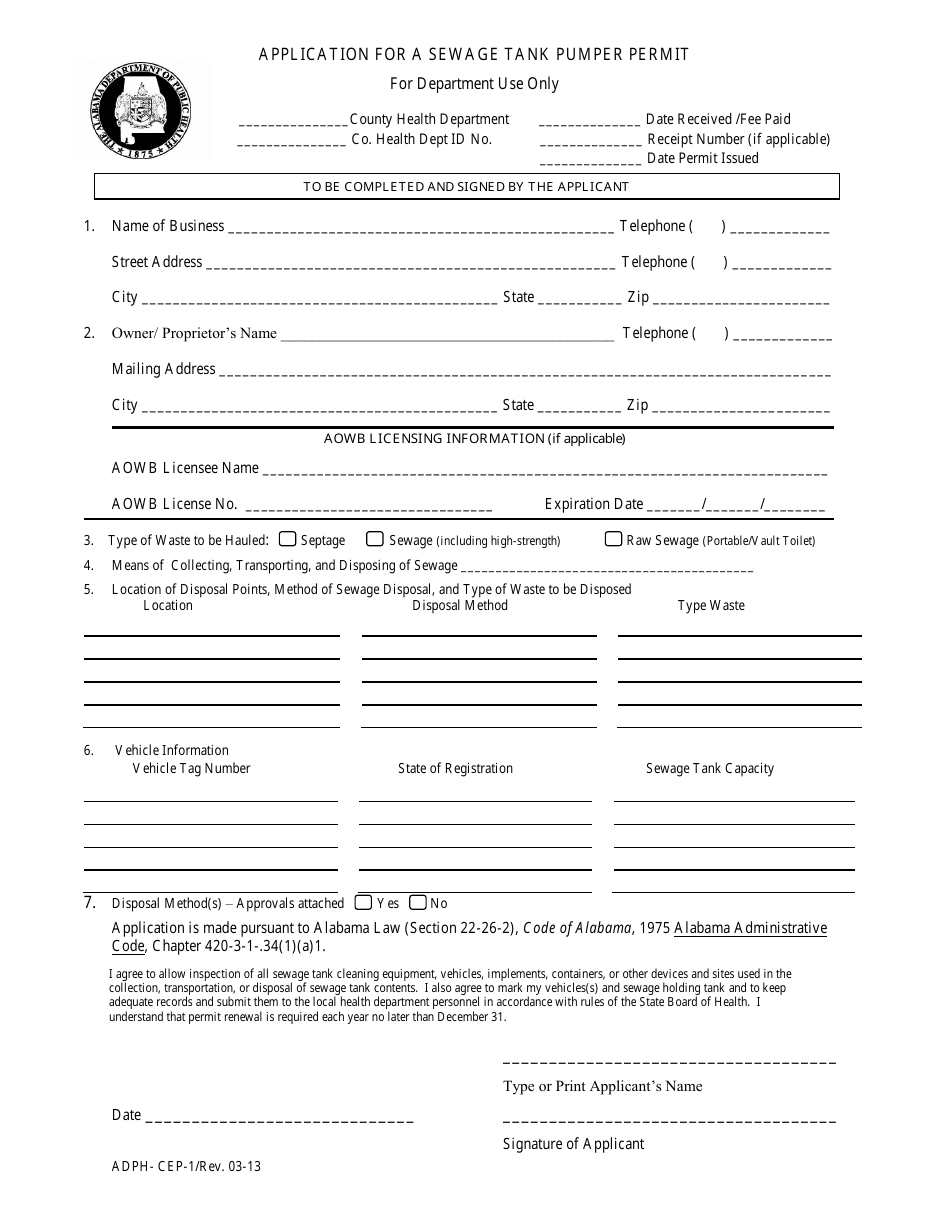 Form CEP-1 Application for a Sewage Tank Pumper Permit - Alabama, Page 1