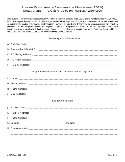ADEM Form 552 Notice of Intent - Uic General Permit Number Alig010000 - Alabama