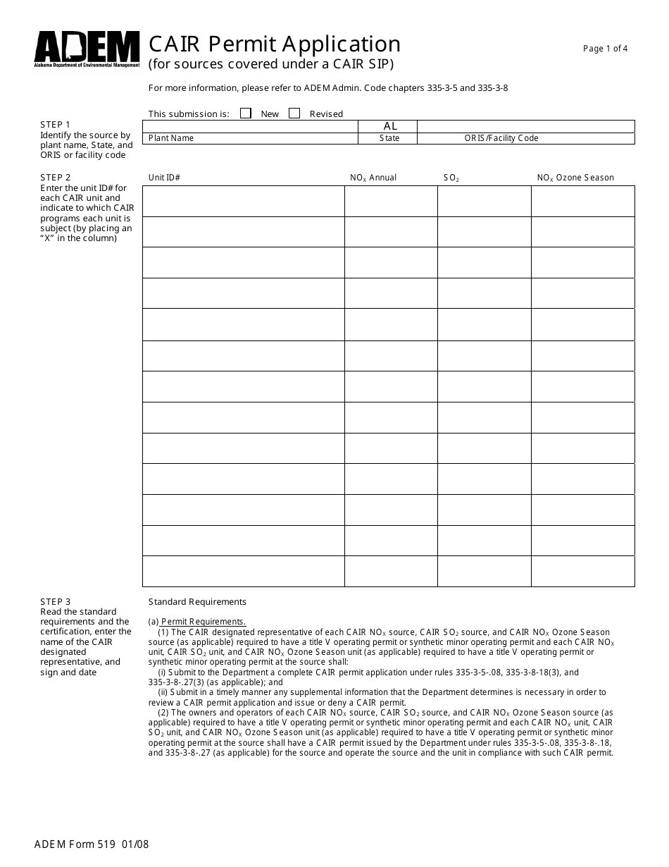 ADEM Form 519 Cair Permit Application - Alabama, Page 1