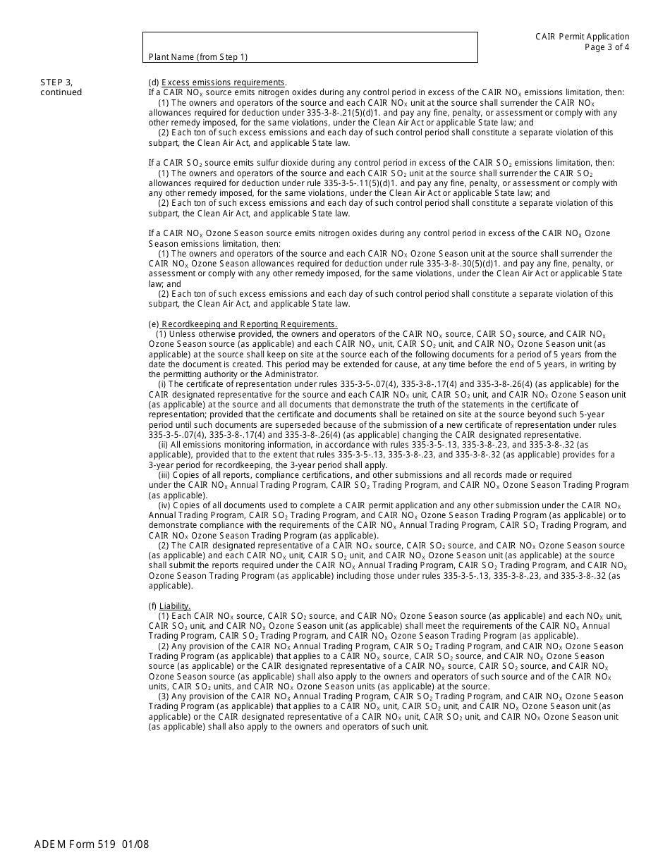 ADEM Form 519 Cair Permit Application - Alabama, Page 3