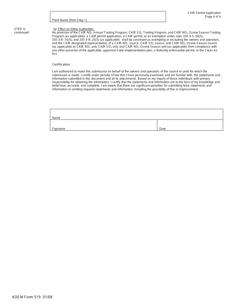 ADEM Form 519 Cair Permit Application - Alabama, Page 4
