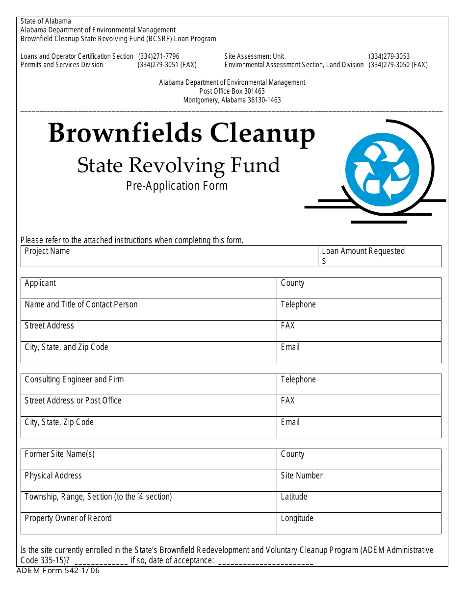 ADEM Form 542 Brownfields Cleanup State Revolving Fund Pre-application Form - Alabama, Page 1
