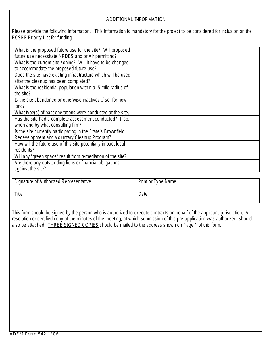ADEM Form 542 Brownfields Cleanup State Revolving Fund Pre-application Form - Alabama, Page 5