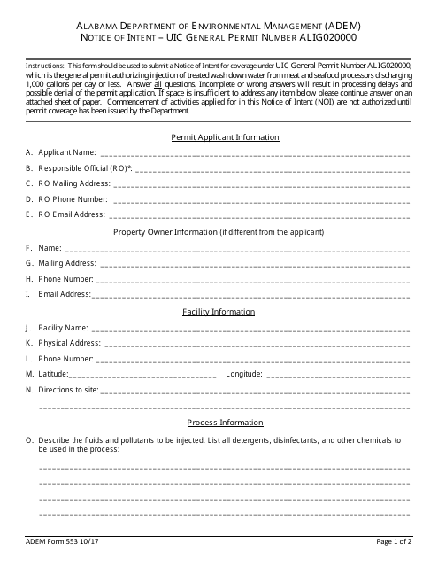 ADEM Form 553 Notice of Intent - Uic General Permit Number Alig020000 - Alabama